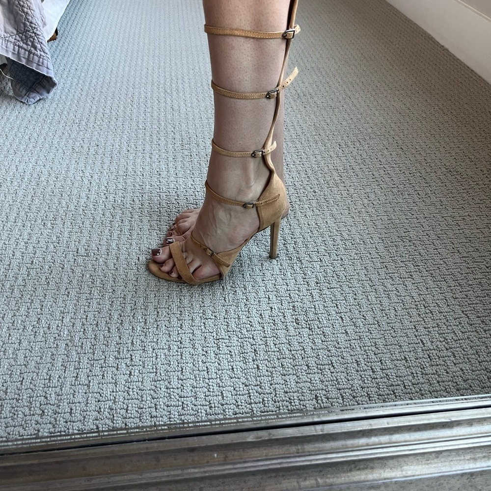 Pair of nude suede Aldo strappy heels - zippered back & adjustable straps!